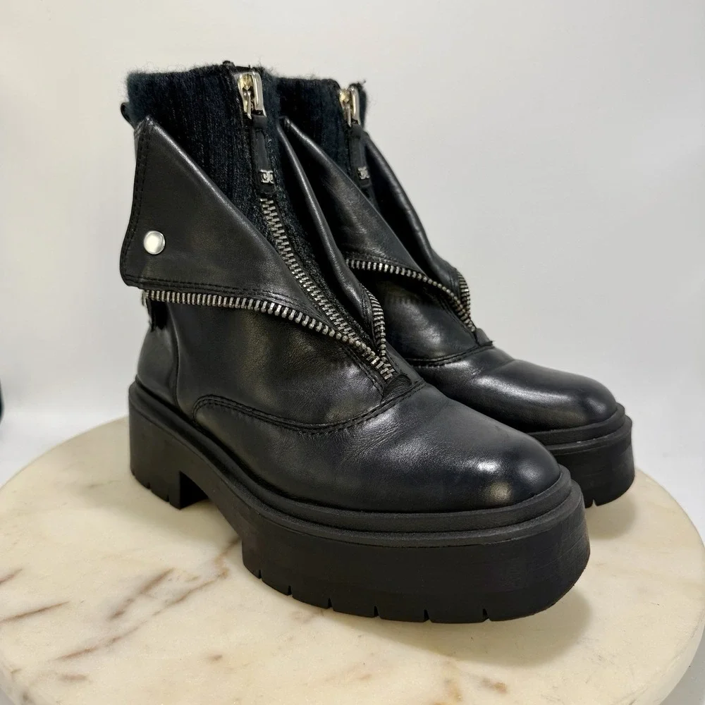 Sam Edelman Linds Boots Moto Zipper Chelsea Black Leather Ankle Bootie Size 6M